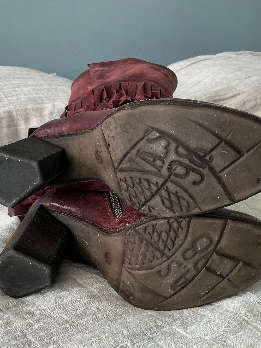 A.S.98 Burgundy Layered Fringe Mid-Calf Leather Boots - Picture 6 of 7
